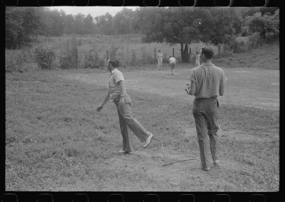 [Untitled photo, possibly related to: Pitching horseshoes at American Legion fish fry, Oldham County, Post 39, near…