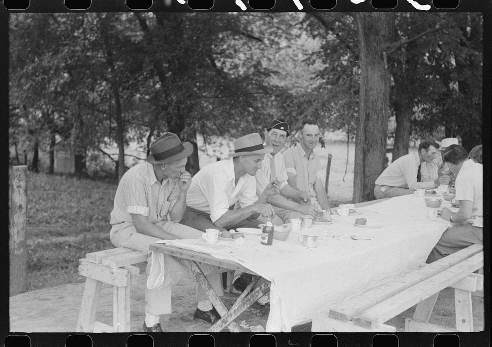 Legionnaires eating and drinking beer at American Legion fish fry, Oldham County, Post 39, near Louisville, Kentucky.…