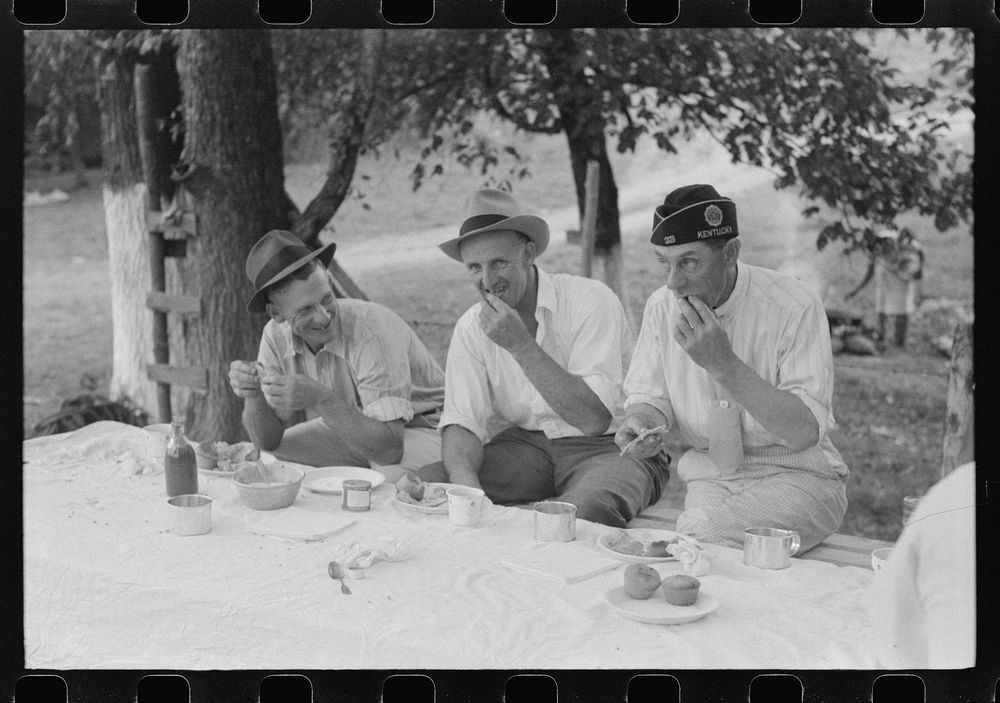 [Untitled photo, possibly related to: Legionnaires eating and drinking beer at American Legion fish fry, Oldham County, Post…