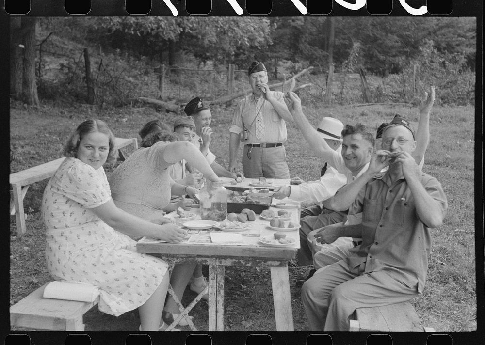 [Untitled photo, possibly related to: Legionnaires eating and drinking beer at American Legion fish fry, Oldham County, Post…