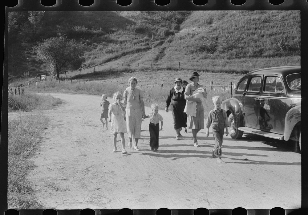 Friends of the deceased going home after a memorial meeting. Up Frozen Creek, near Jackson, Breathitt County, Kentucky. See…