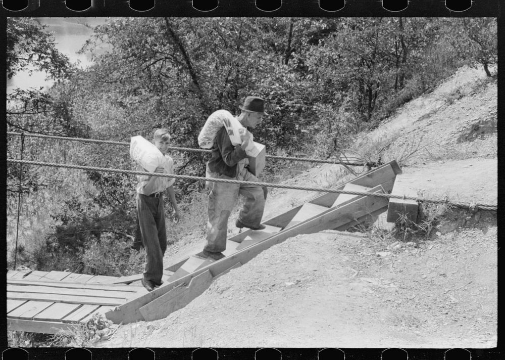 Mountaineers crossing the Kentucky River over swinging bridge, carrying their supplies home from Jackson, Breathitt County…