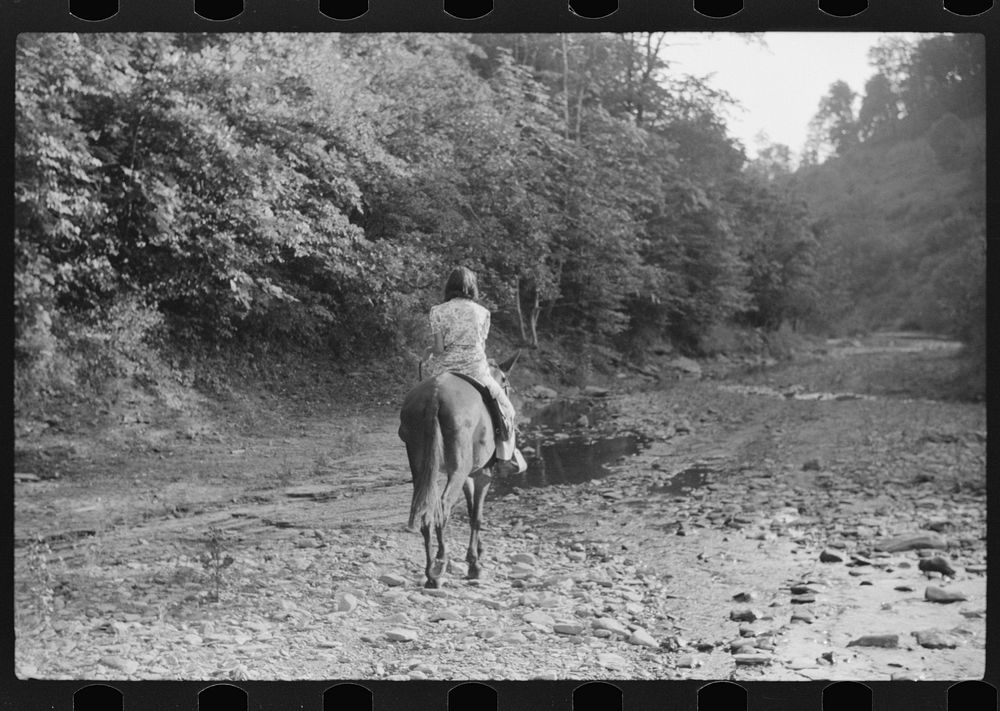 [Untitled photo, possibly related to: Mountain girl riding home from school on muleback. Up South fork of the Kentucky…