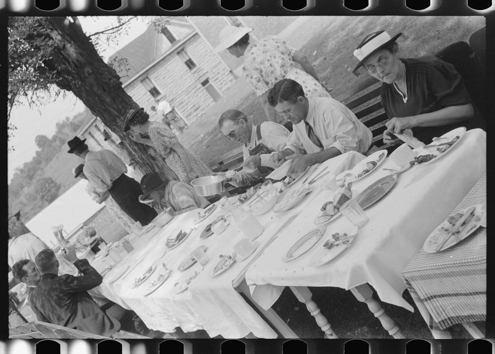 [Untitled photo, possibly related to: Mountaineers and farmers eating dinner served for benefit of the church in courthouse…