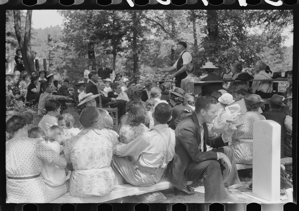 Preacher, relatives and friends of the deceased at a memorial meeting near Jacson, Breathitt County, Kentucky. See general…
