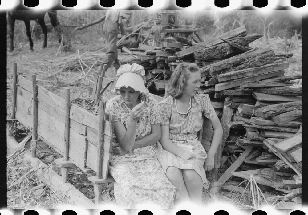 Mountaineer's wife and daughter sitting on the sled in which wood is hauled to boil the sap for making cane sorghum syrup.…