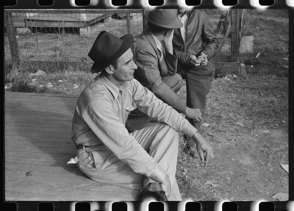 Spanish trappers and fur buyers waiting around while muskrats are being graded during auction sale on porch of community…