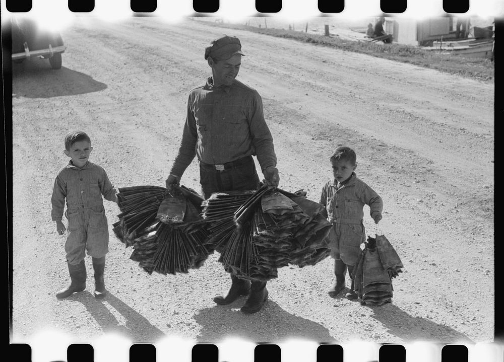 [Untitled photo, possibly related to: Spanish trapper and his children taking muskrat pelts into the FSA (Farm Security…