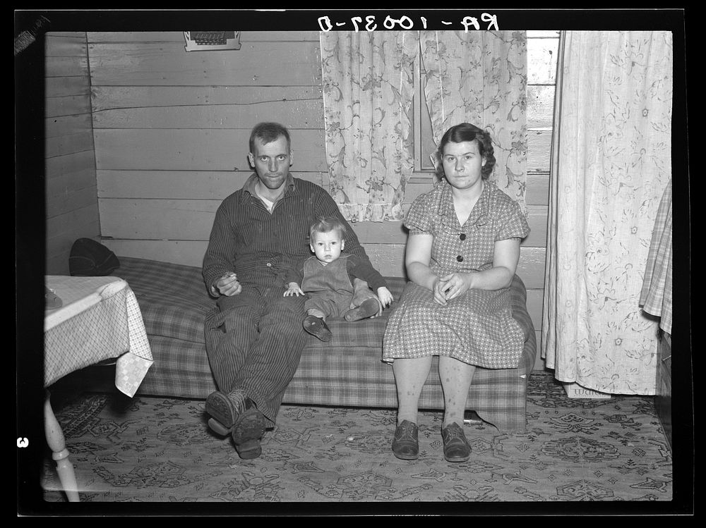 William Helmke, wife, and baby in one-room shack which he erected on ninety acre farm. Crop share lease owned by lawyer.…