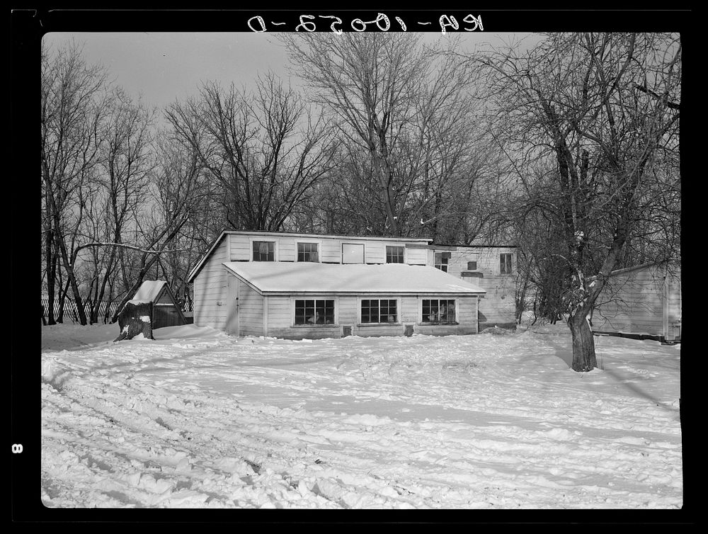Chicken house on Levi Mills' farm near Spencer, Iowa. This eighty acre farm was owner-operated until this year. Feeding of…