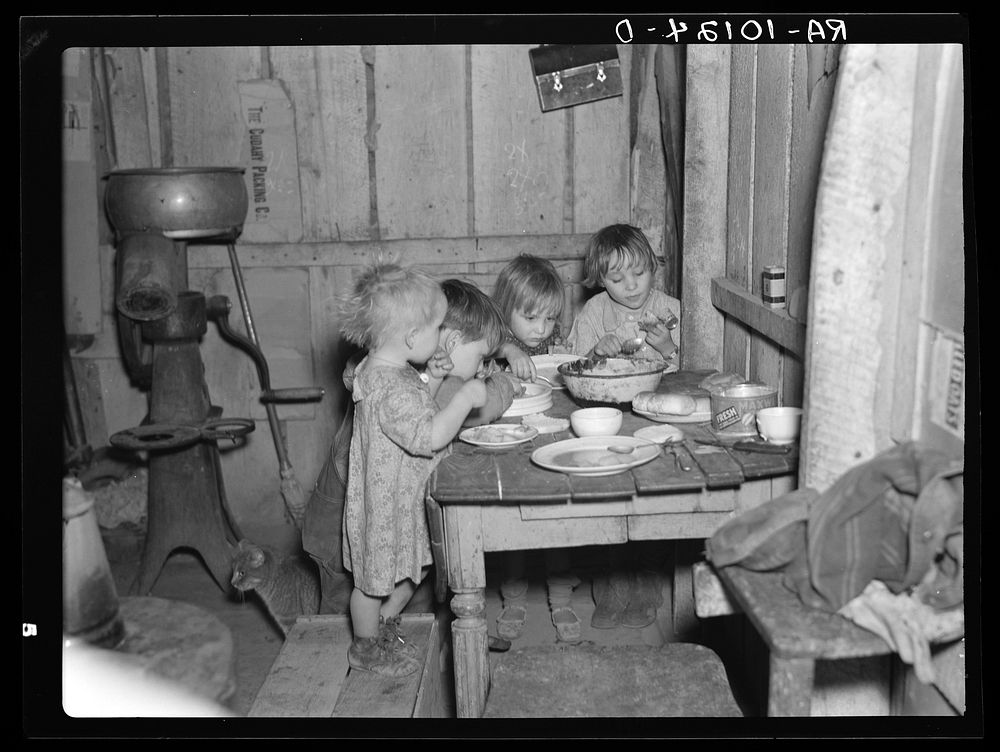 Christmas dinner in home of Earl Pauley. Near Smithfield, Iowa. Dinner consisted of potatoes, cabbage and pie by Russell Lee