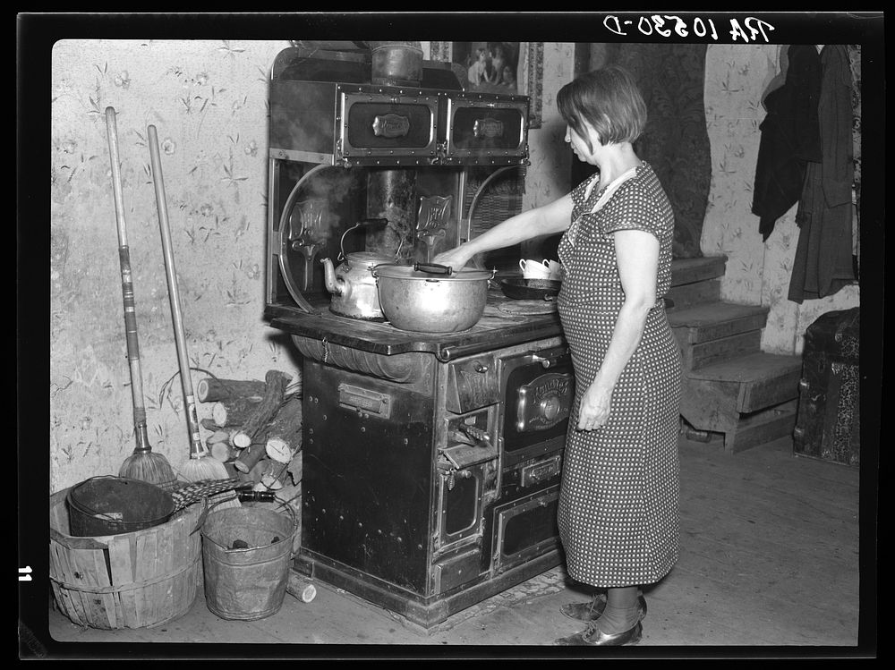 Mrs. Erasty Emrich in her kitchen. Mrs. Emrich is the wife of a tenant farmer and mother of twelve children, eleven of them…
