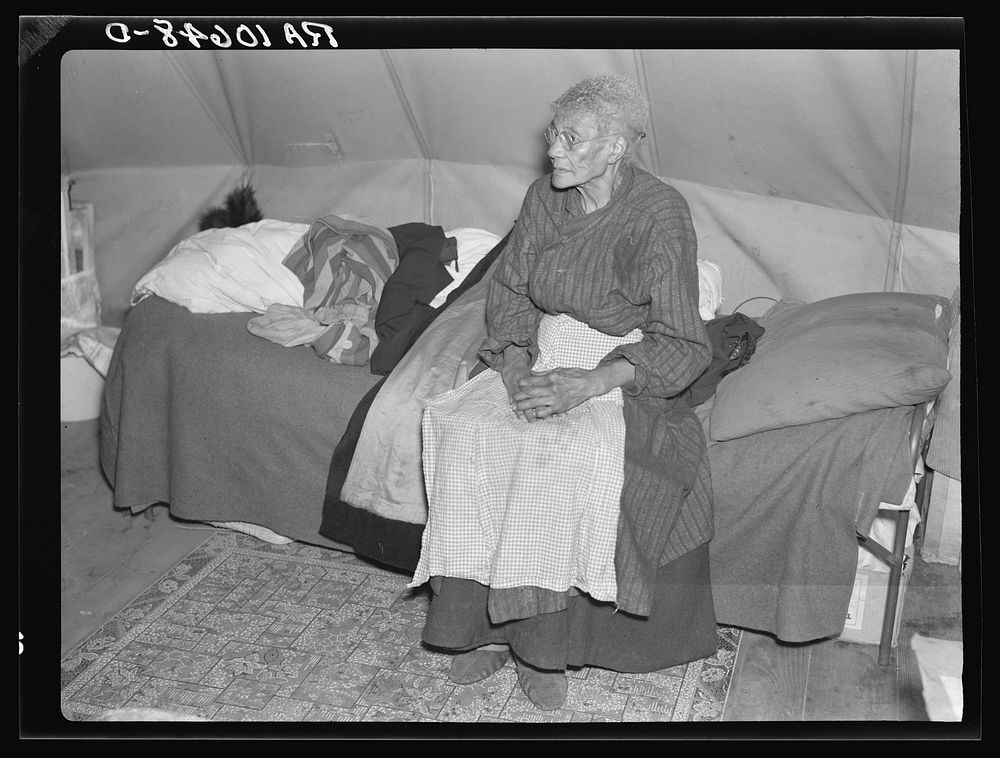 Ellen McAllister, ninety-one years old, the oldest resident of Shawneetown, Illinois, is a flood refugee at Tent City camp…