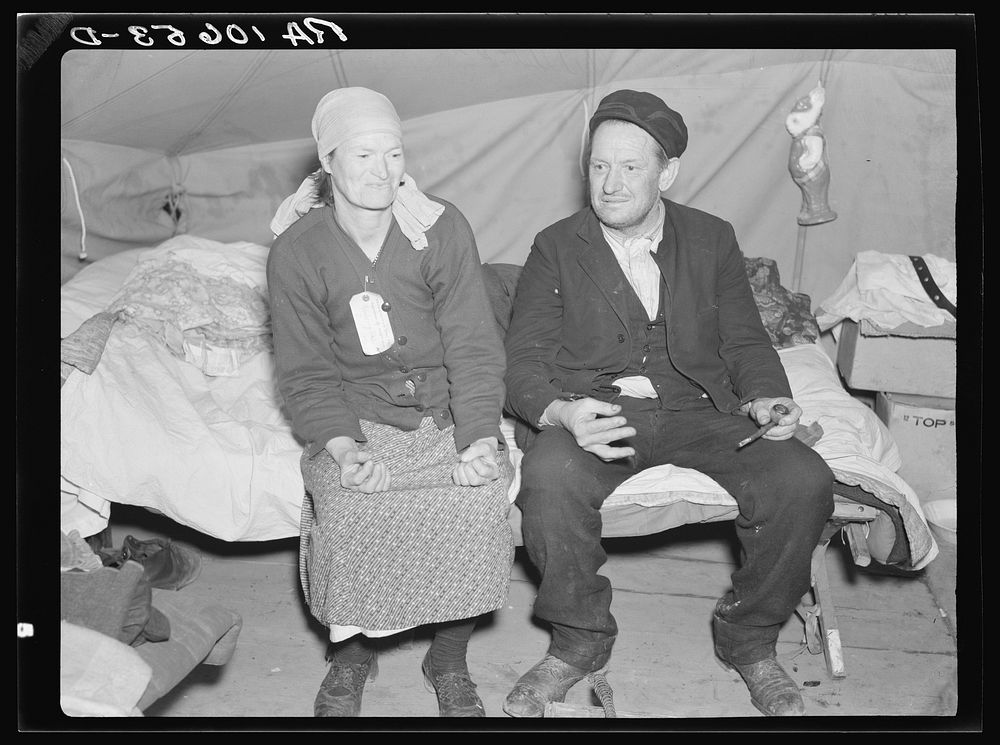 The parents of seven children. Flood refugees in Tent City, camp near Shawneetown, Illinois by Russell Lee