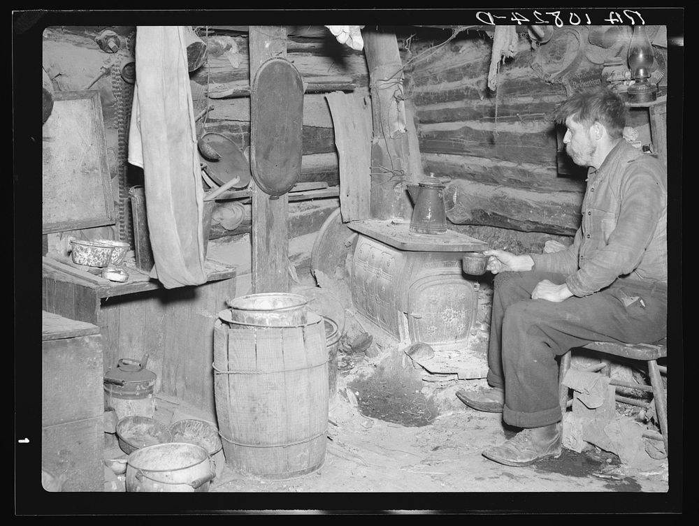 Buckboard Charlie in his shack near Iron River, Michigan by Russell Lee