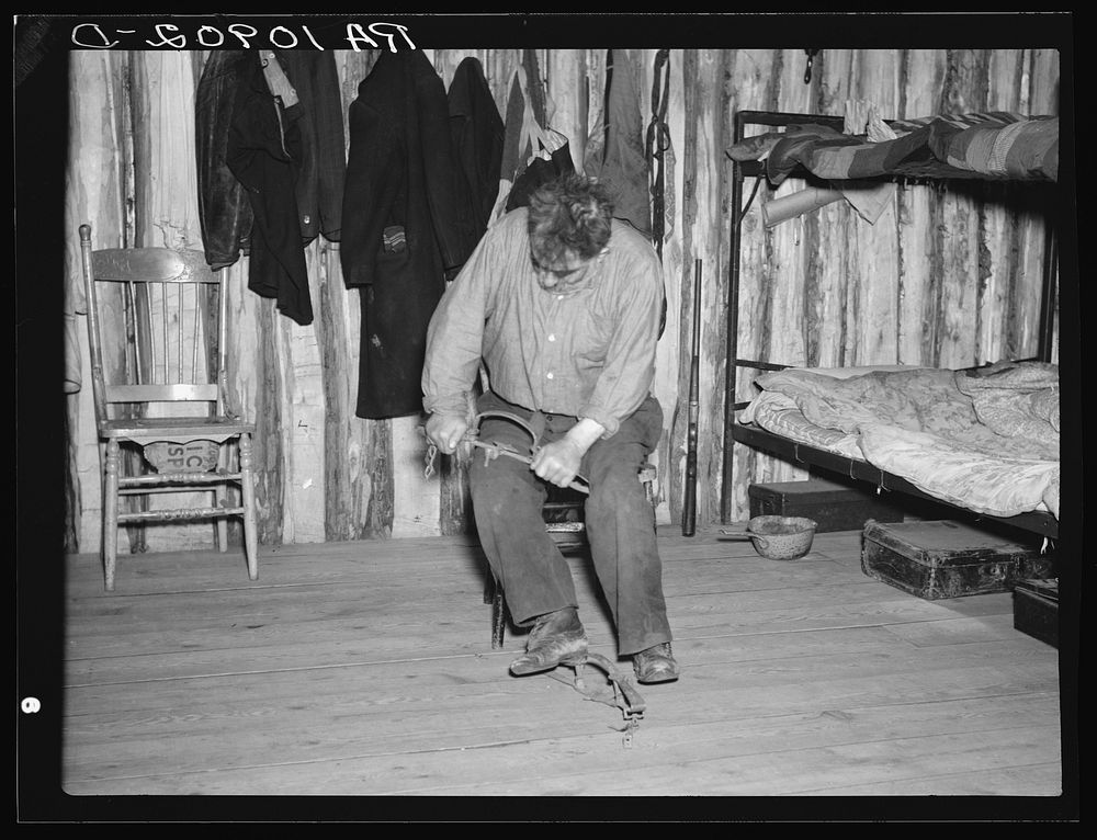 Black Aleck Dickinson setting a trap. Iron County, Michigan by Russell Lee