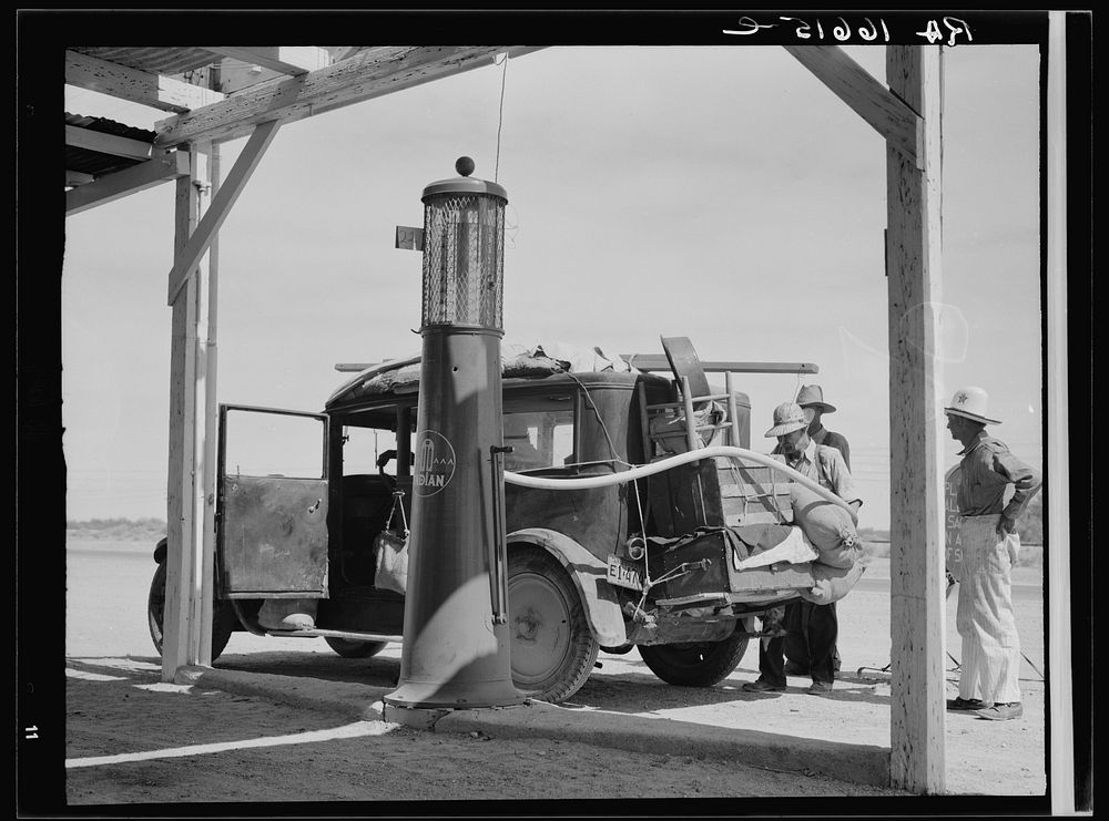 Family of nine from near Fort Smith, Arkansas, on their way to try to find work in the California harvests. Between Yuma and…