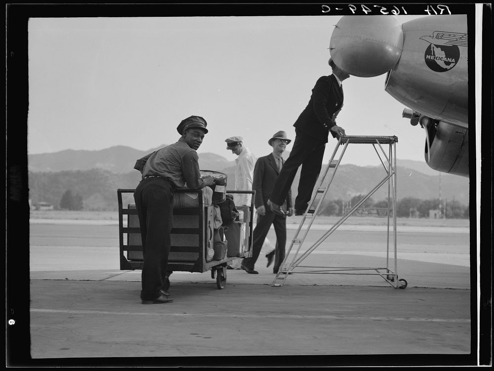 Department of Agriculture plant quarantine inspectors examining Pan American Airways plane from Mexico on its arrival at the…