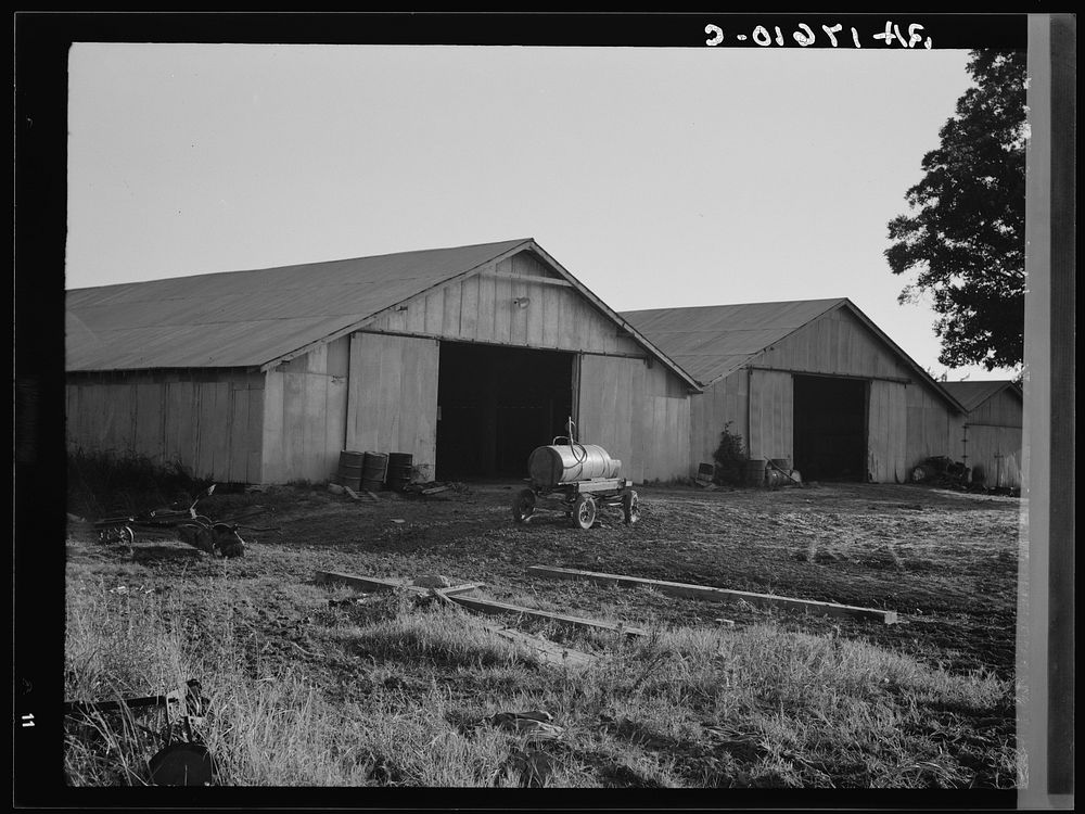 Tractor garage at the Aldridge Plantation near Leland, Mississippi. Sourced from the Library of Congress.