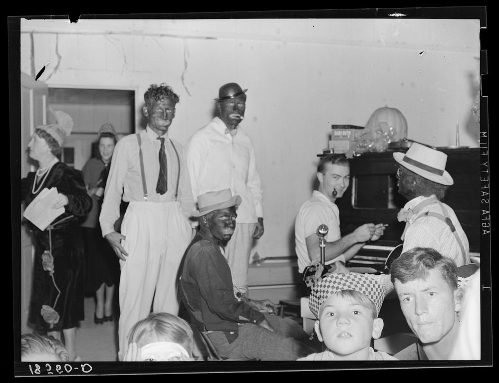 [Untitled photo, possibly related to: Camp talent provides music for dancing at Shafter camp for migrants. Halloween party…