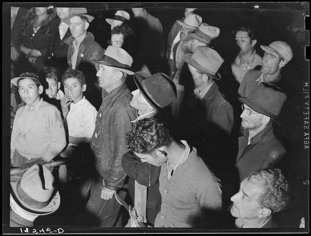 Street meeting at night in Mexican town outside of Shafter, California. Organizer for United Cannery Agricultural Packing…