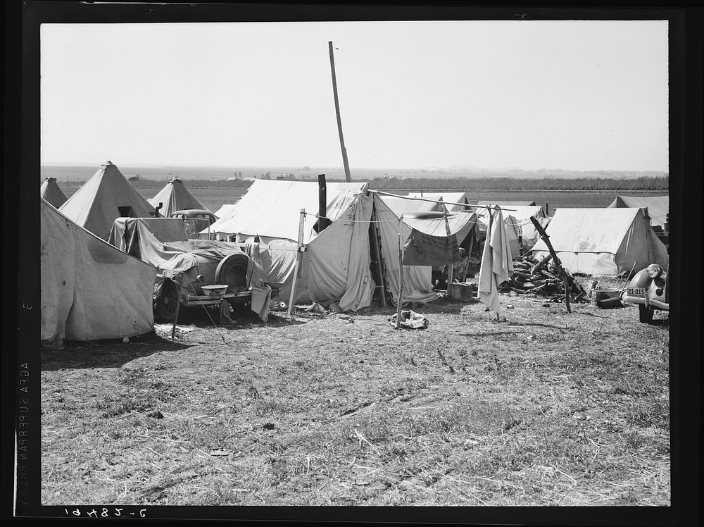 Contractors camp for pea pickers. Santa Clara Valley. Valley in background. Near San Jose, California. Sourced from the…
