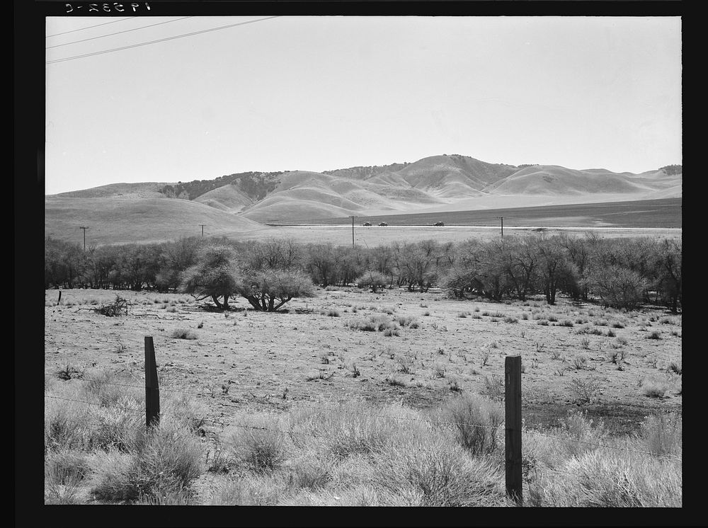 U.S. 99 on ridge over Tehachapi Mountains. Heavy truck route between Los Angeles and San Joaquin Valley over which migrants…