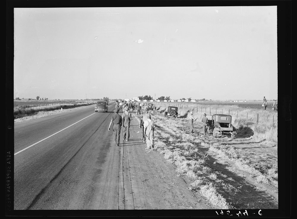[Untitled photo, possibly related to: Near Los Banos, California. Migratory agricultural workers. Cotton hoers. Leave the…