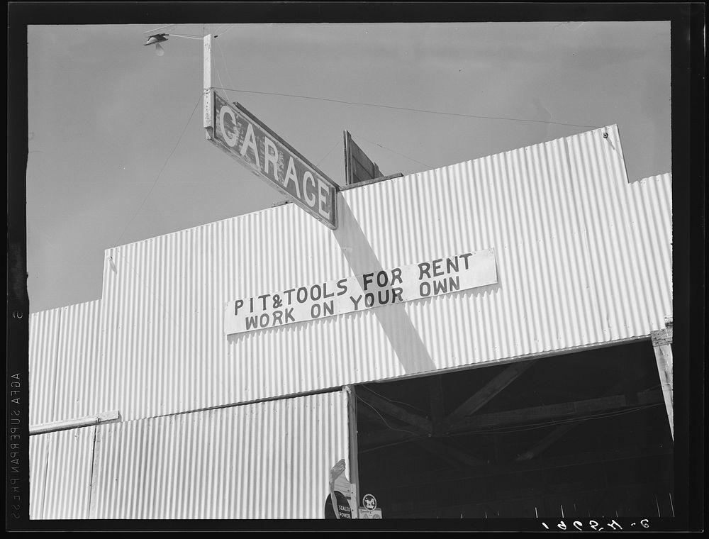 [Untitled photo, possibly related to: U.S. 99. Fresno County. "Pit and tools for rent--work on your own." California].…