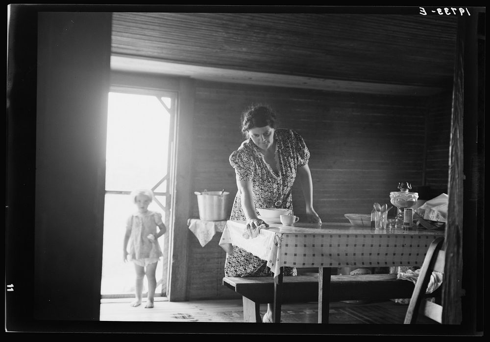 Wife of tobacco sharecropper in kitchen of home. Person County, North Carolina. Sourced from the Library of Congress.