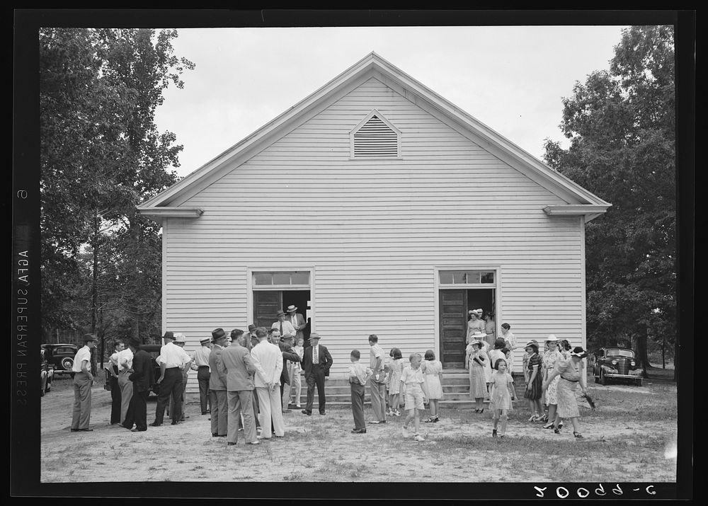 [Untitled photo, possibly related to: Congregation gathers in groups to talk after services are over. Wheeley's Church…