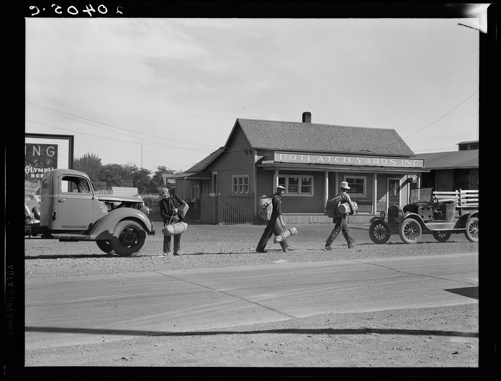 Washington, Yakima Valley, near Toppenish. Single itinerant men on way to railroad yard. Sourced from the Library of…