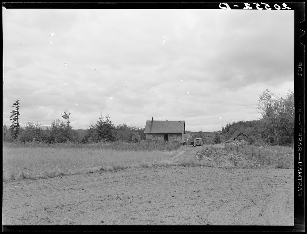 The Arnold farm, seen from road. Traveling medicine salesman is calling. Shows vegetable garden to right, and berry patch in…