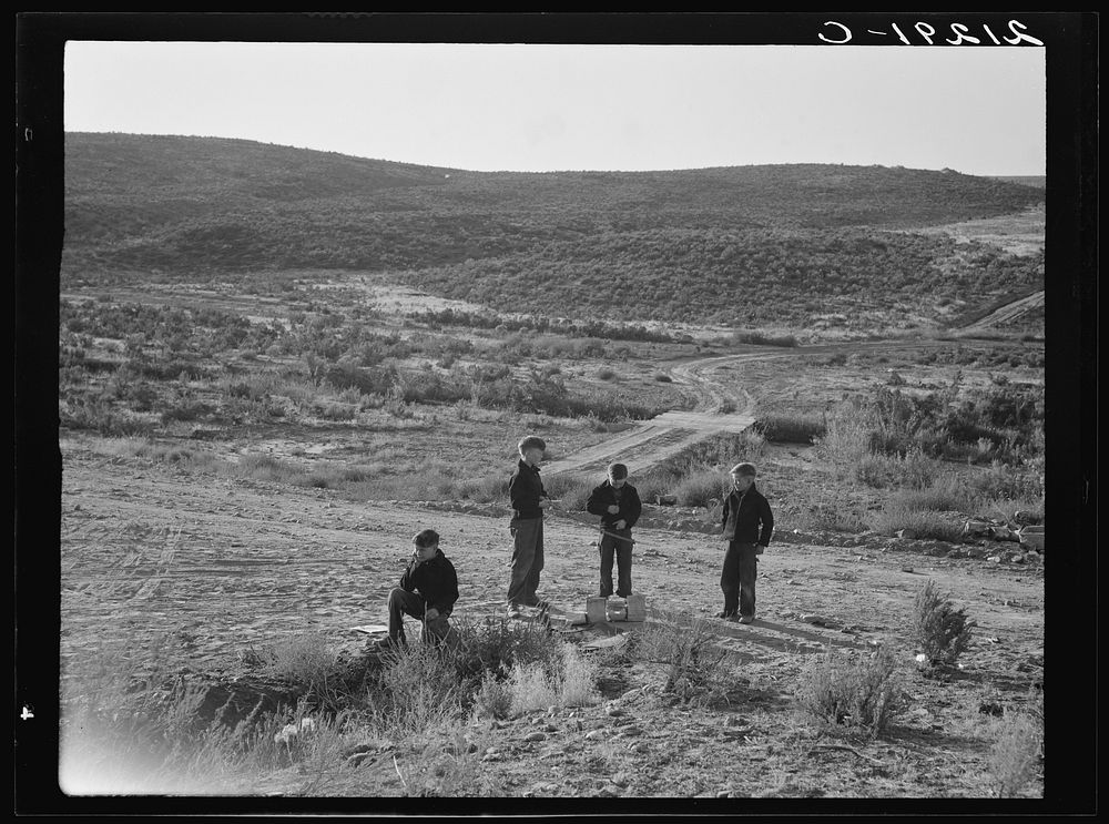 [Untitled photo, possibly related to: Boys wait for school bus in the morning. Malheur County, Oregon. General caption…
