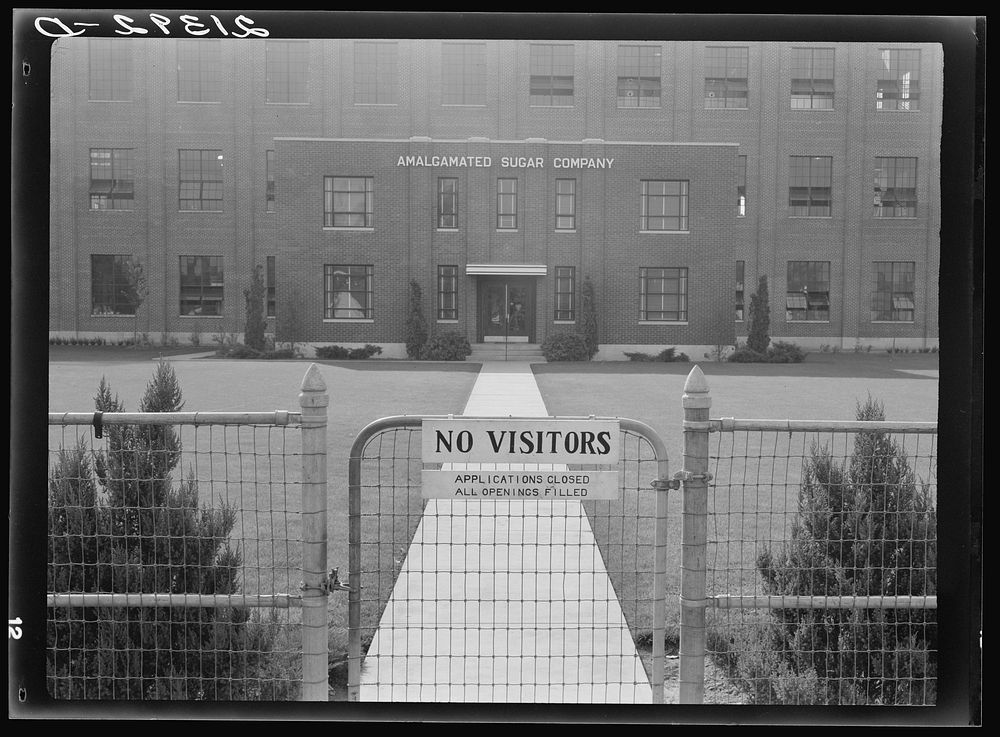 Entrance to Amalgamated Sugar Company factory at opening of second beet season. Nyssa, Malheur County, Oregon. Sourced from…