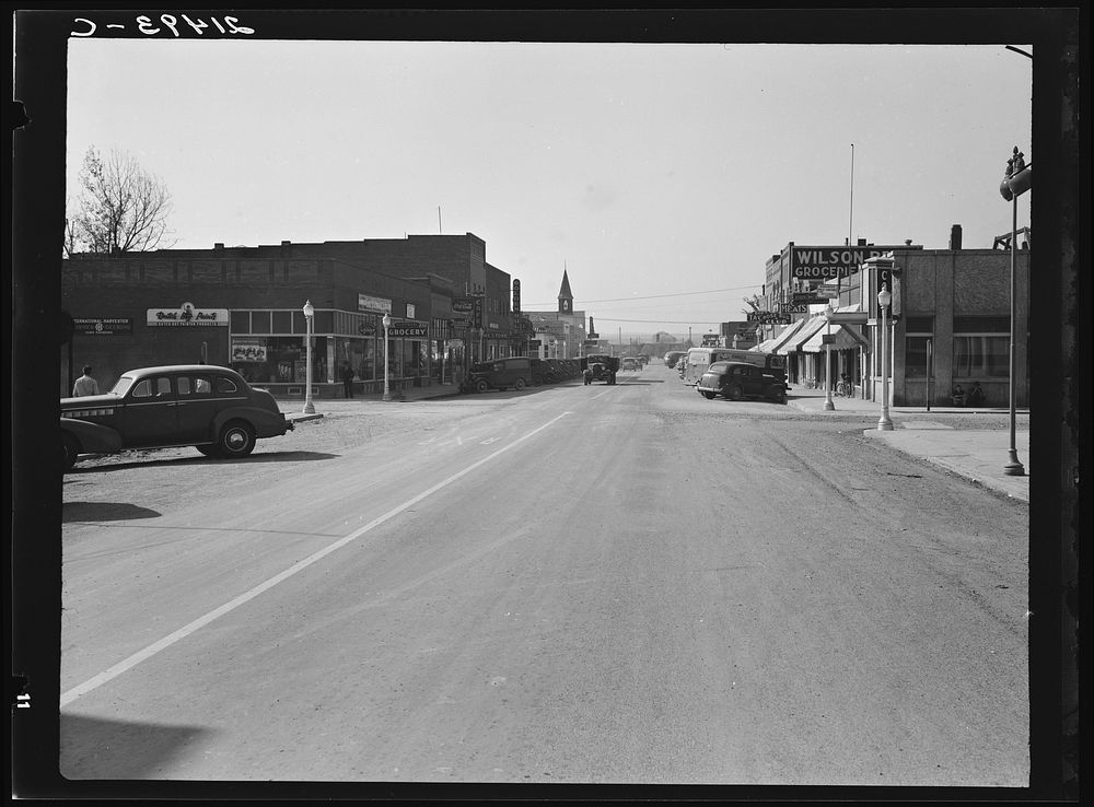 [Untitled photo, possibly related to: Main street of Nyssa, Oregon. Saturday afternoon]. Sourced from the Library of…