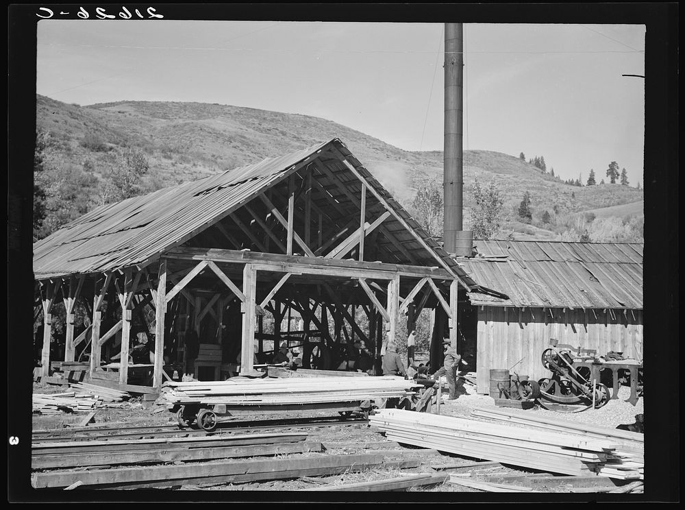Close-up of the sawmill. Ola self-help sawmill co-op. Gem County, Idaho.  General caption 48. Sourced from the Library of…