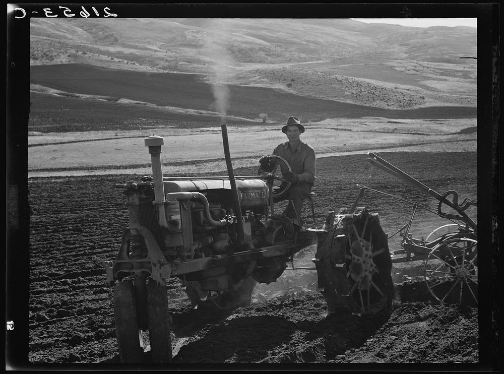 Young Idaho farmer plowing in the fall of the year while the other members of the Ola self-help sawmill co-op are working in…