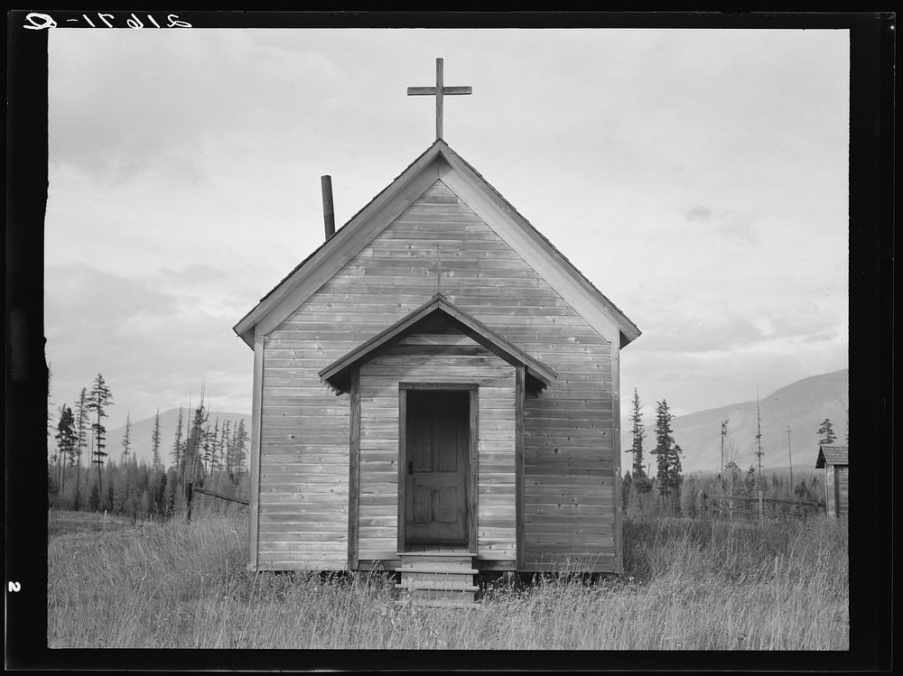 Abandoned church in cut-over area. Boundary County, Idaho. Two miles south of Canadian line by Dorothea Lange