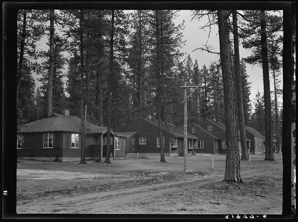 View of new model company lumber town housing for millworkers. Gilchrist, Oregon. Sourced from the Library of Congress.