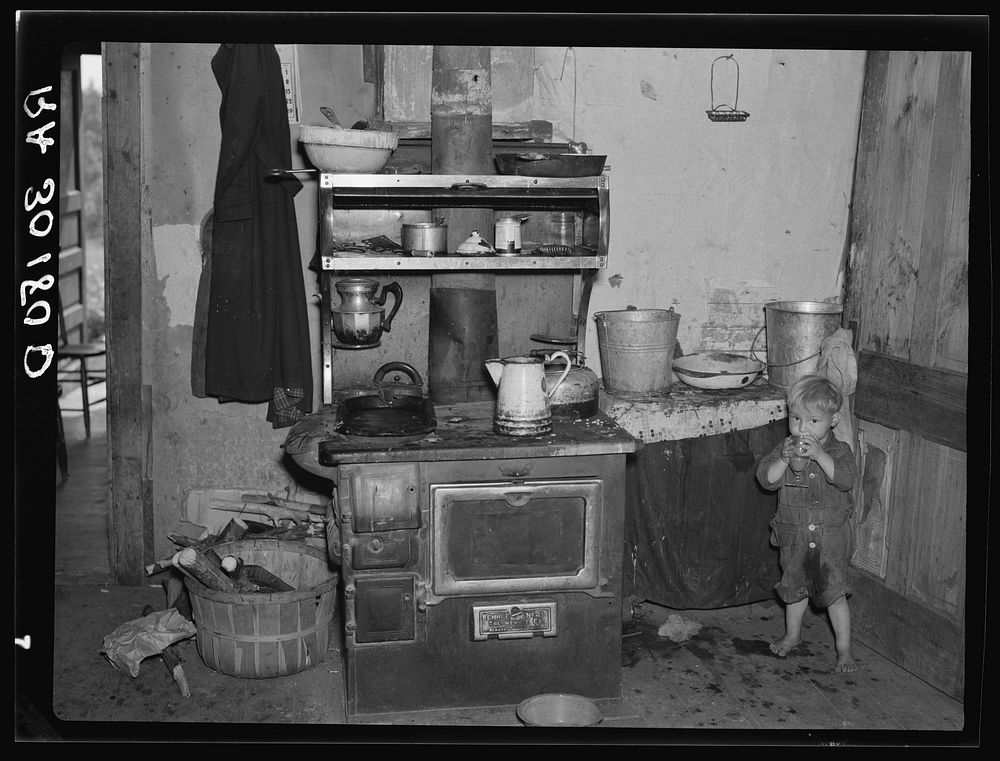 Child of Earl Taylor in the kitchen of their home near Black River Falls, Wisconsin by Russell Lee