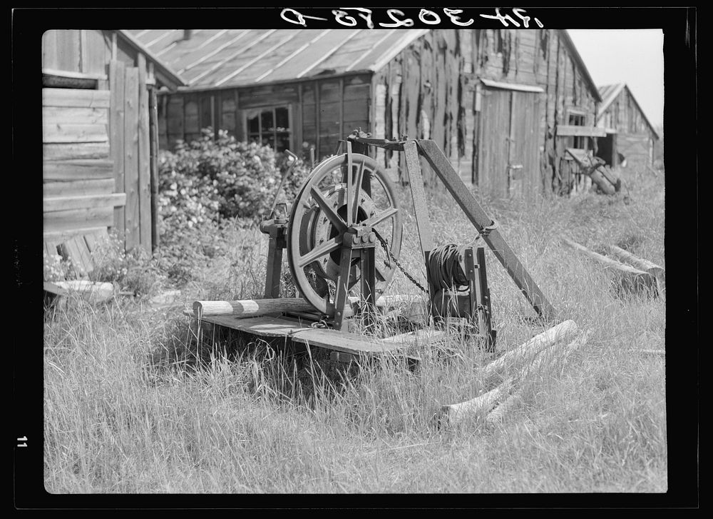Old log hoist in abandoned lumber camp. Gemmel, Minnesota by Russell Lee