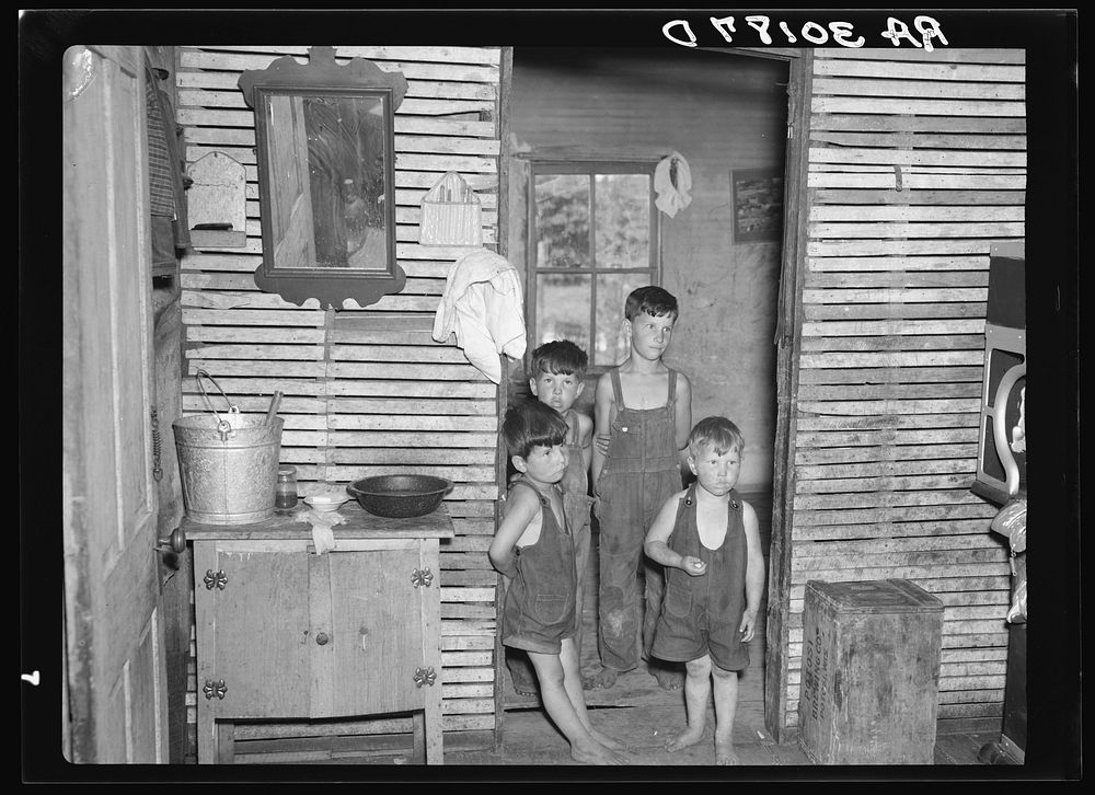 Art Simplot's sons in the kitchen and washroom of their home near Black River Falls, Wisconsin. Note the unplastered walls…