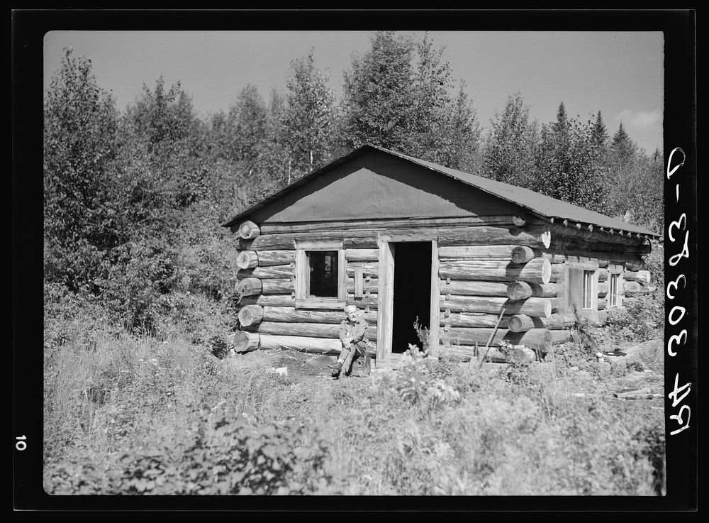 William Besson, old iron ore prospector, sitting in front of his cabin near Winton, Minnesota by Russell Lee