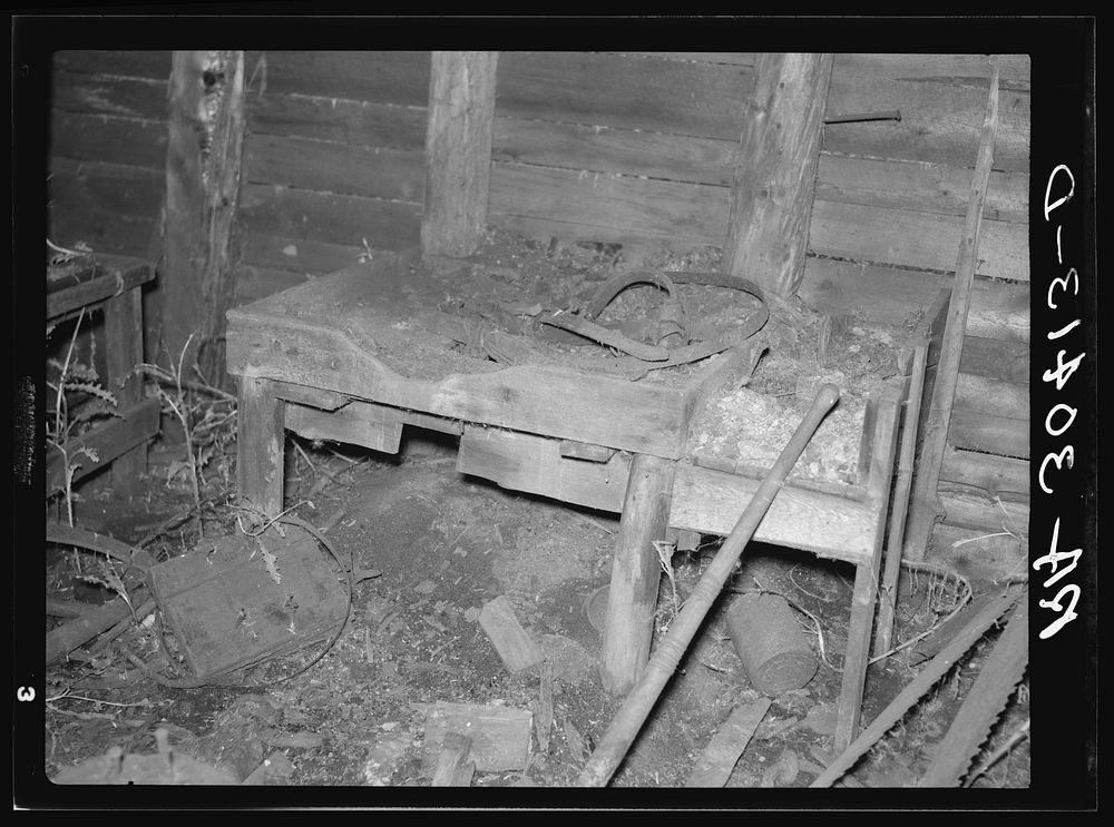 [Untitled photo, possibly related to: Remains of smith's forge. Abandoned lumber camp. Craigville, Minnesota] by Russell Lee