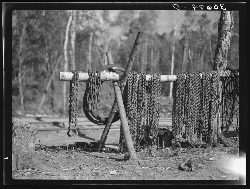 Chains at lumber camp near Effie, Minnesota by Russell Lee