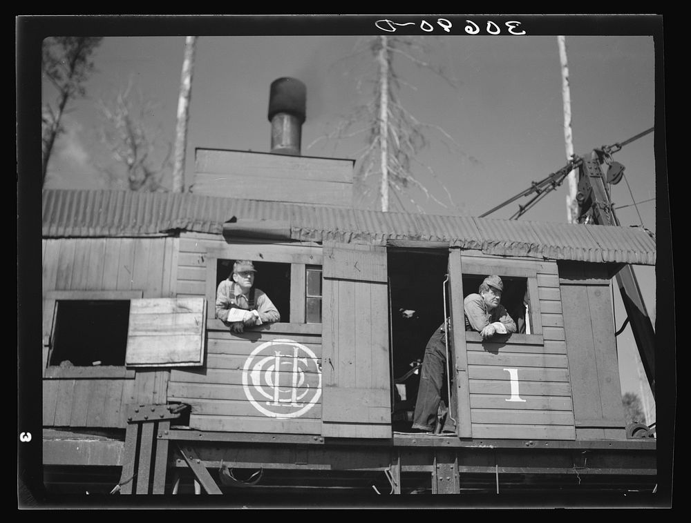 Operators of the loading machine at logging camp near Effie, Minnesota by Russell Lee