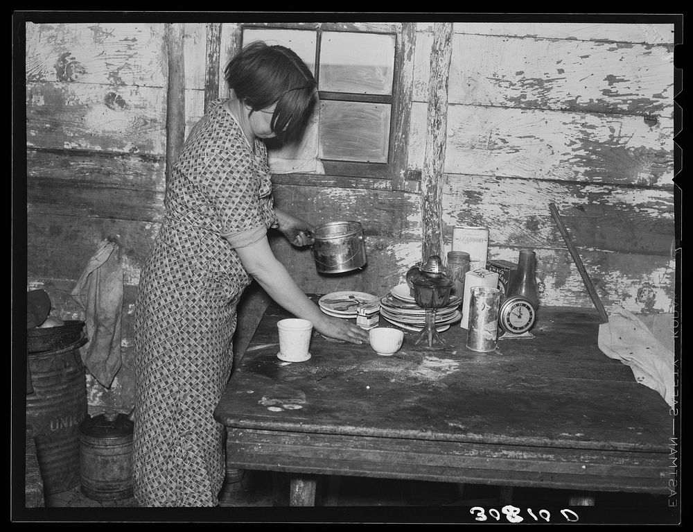 Wife of Joe Kramer working in the kitchen. Farm near Williston, North Dakota by Russell Lee