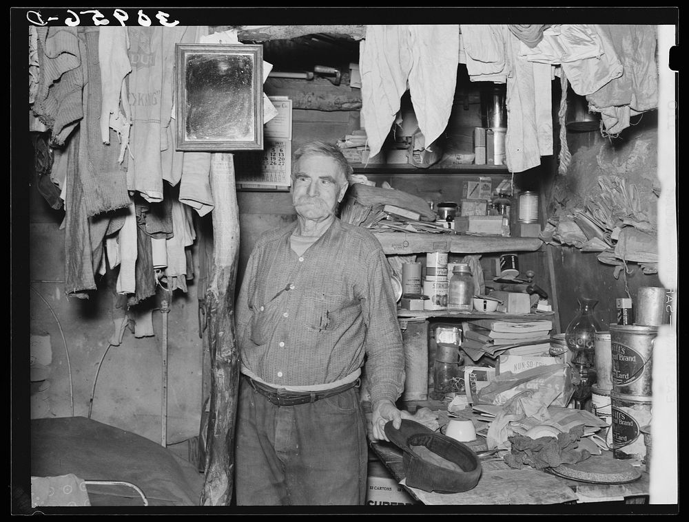 Elmer "Hominy" Thompson in his shack home. Sheridan County, Montana by Russell Lee