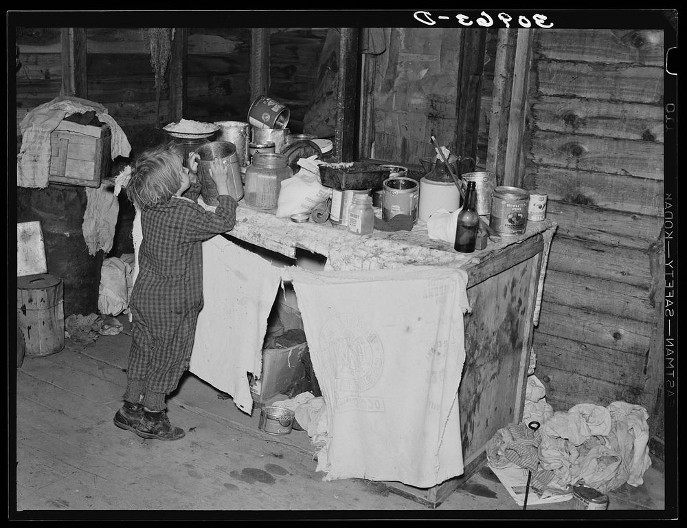 Little girl in kitchen of farm home. Sheridan County, Montana by Russell Lee